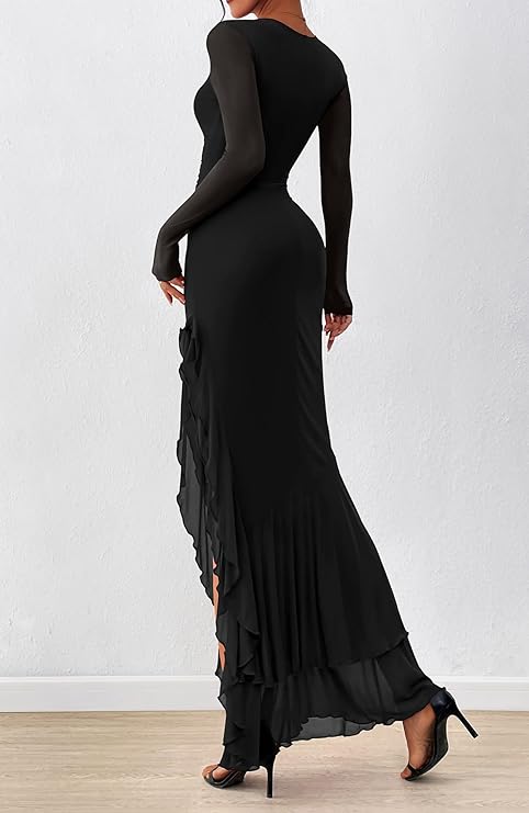 Women's Maxi Dresses Spring 2026 Long Sleeve Ruched Bodycon Solid Ruffle Mermaid Cocktail Wedding Guest Dress