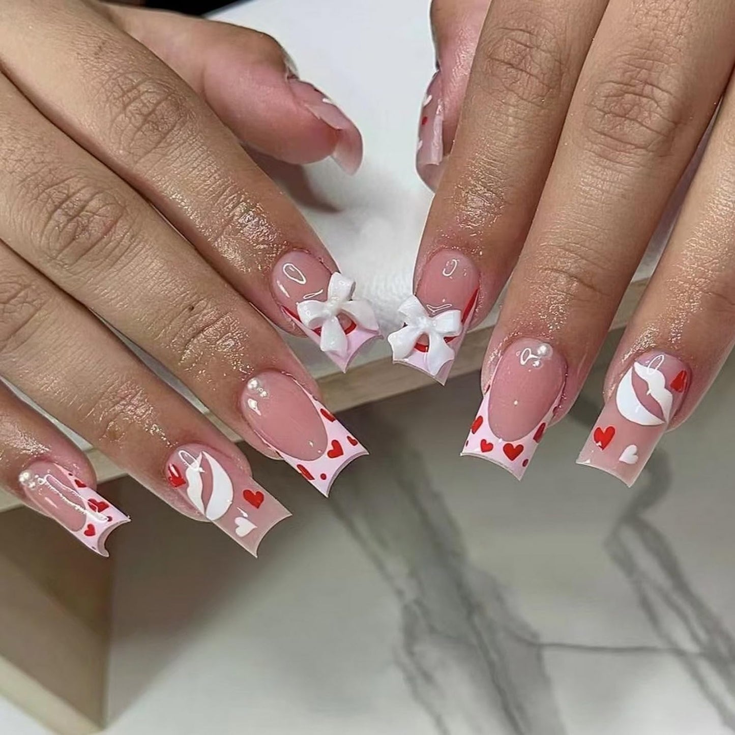 Heart Press on Nails Short Square Valentines Fake Petite Red Stick on Full Cover False With Red White Heart Designs Acrylic Glossy