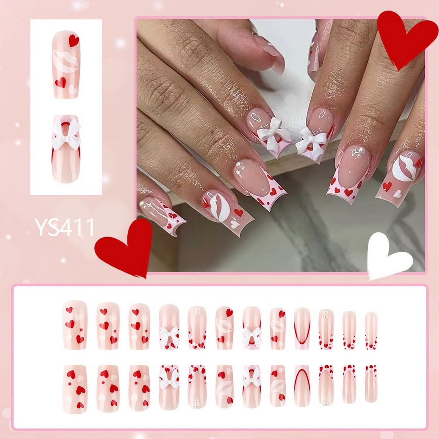 Heart Press on Nails Short Square Valentines Fake Petite Red Stick on Full Cover False With Red White Heart Designs Acrylic Glossy