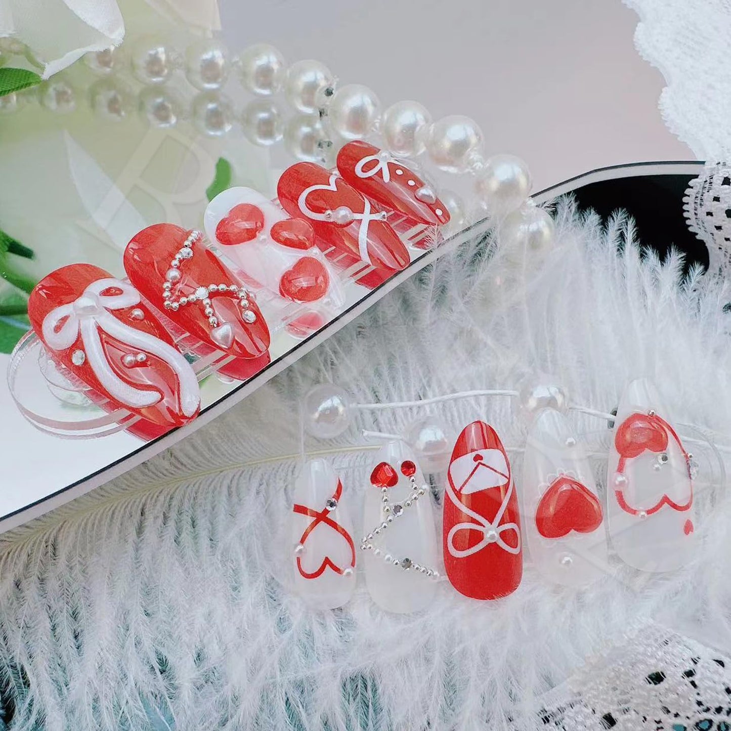 Valentine's Press On Nails Set Medium Almond Fake Nails 3D Love, Bow, Pearl & Gem Beads Rhinestones Design French False Nails