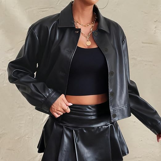 Cropped Faux Leather Bomber Jacket for Women