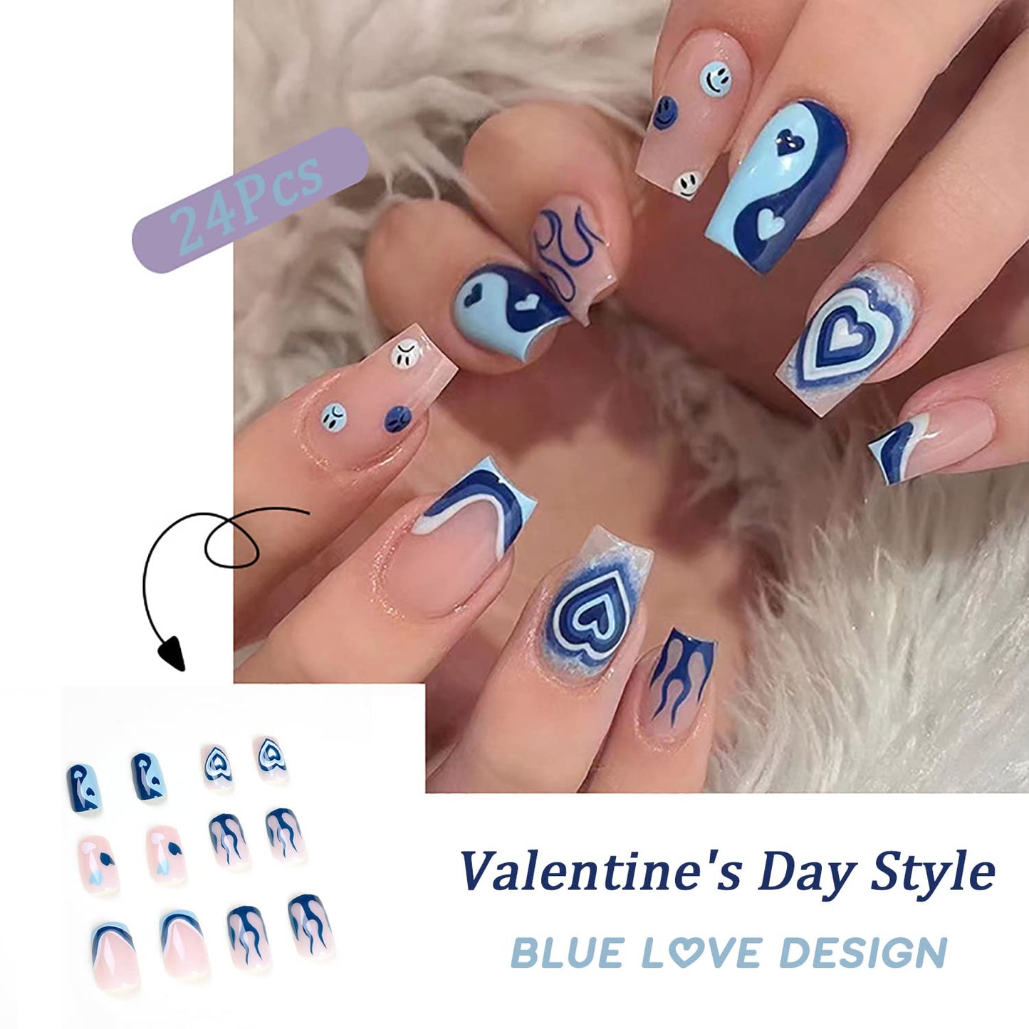 Heart Press on Nails Short Square Valentines Fake Petite Red Stick on Full Cover False With Red White Heart Designs Acrylic Glossy