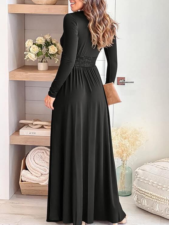 Women Summer Dresses Deep V Neck Summer Maxi Dress with Slit, back view of a stylish black dress.