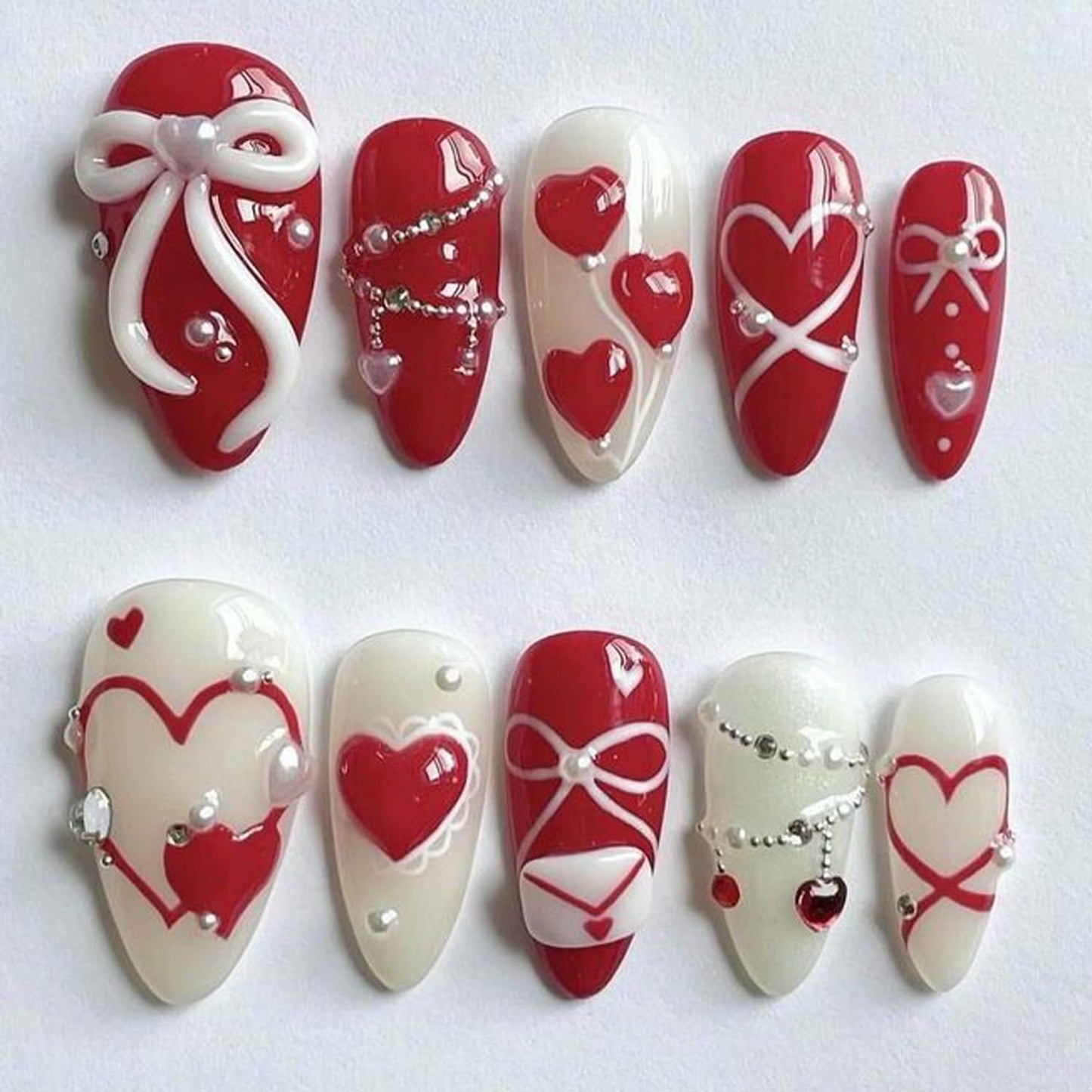 Valentine's Press On Nails Set Medium Almond Fake Nails 3D Love, Bow, Pearl & Gem Beads Rhinestones Design French False Nails