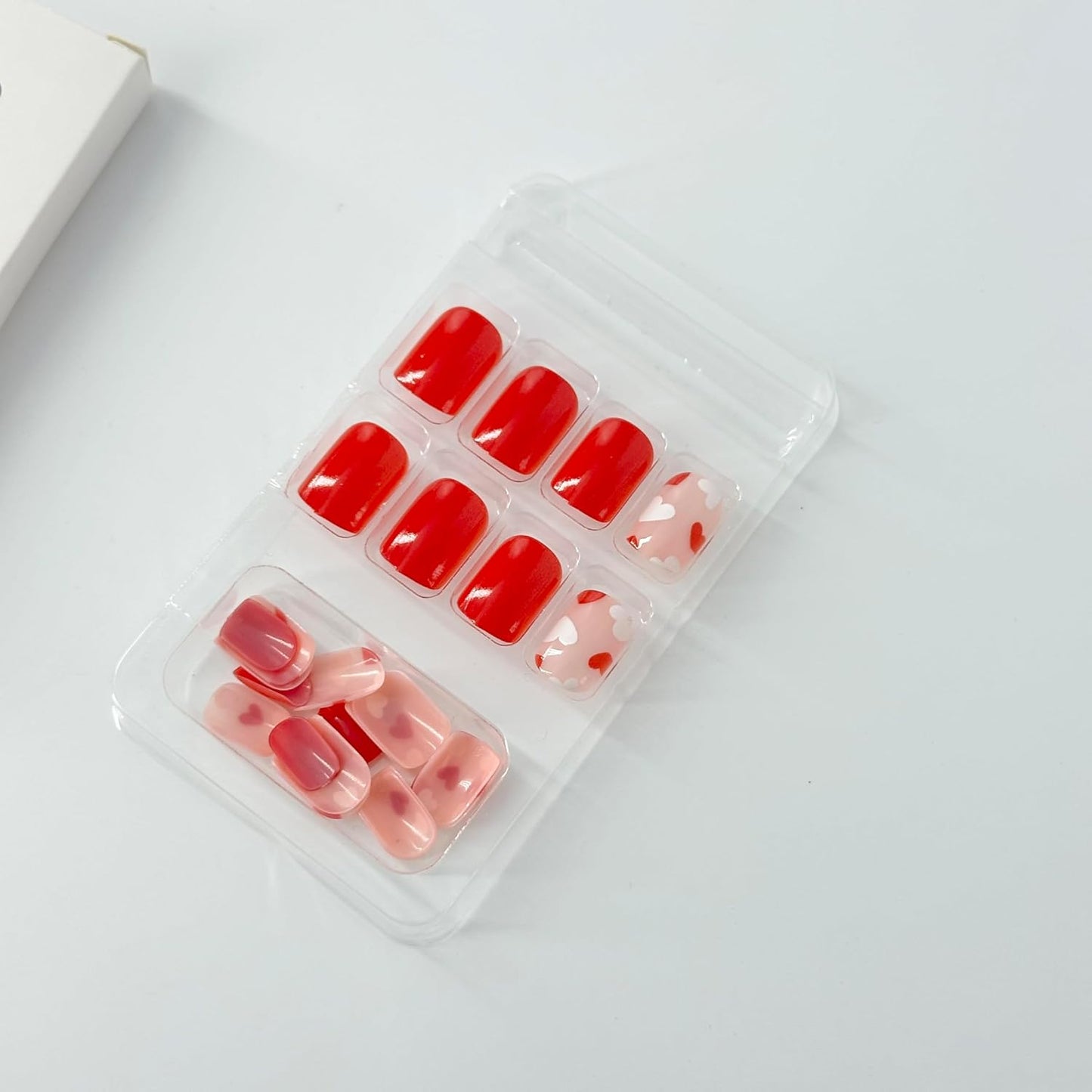 Heart Press on Nails Short Square Valentines Fake Petite Red Stick on Full Cover False With Red White Heart Designs Acrylic Glossy