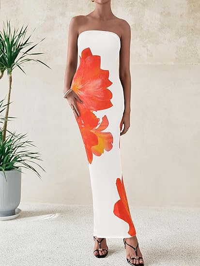 Strapless Floral Bodycon Maxi Dress for Women
