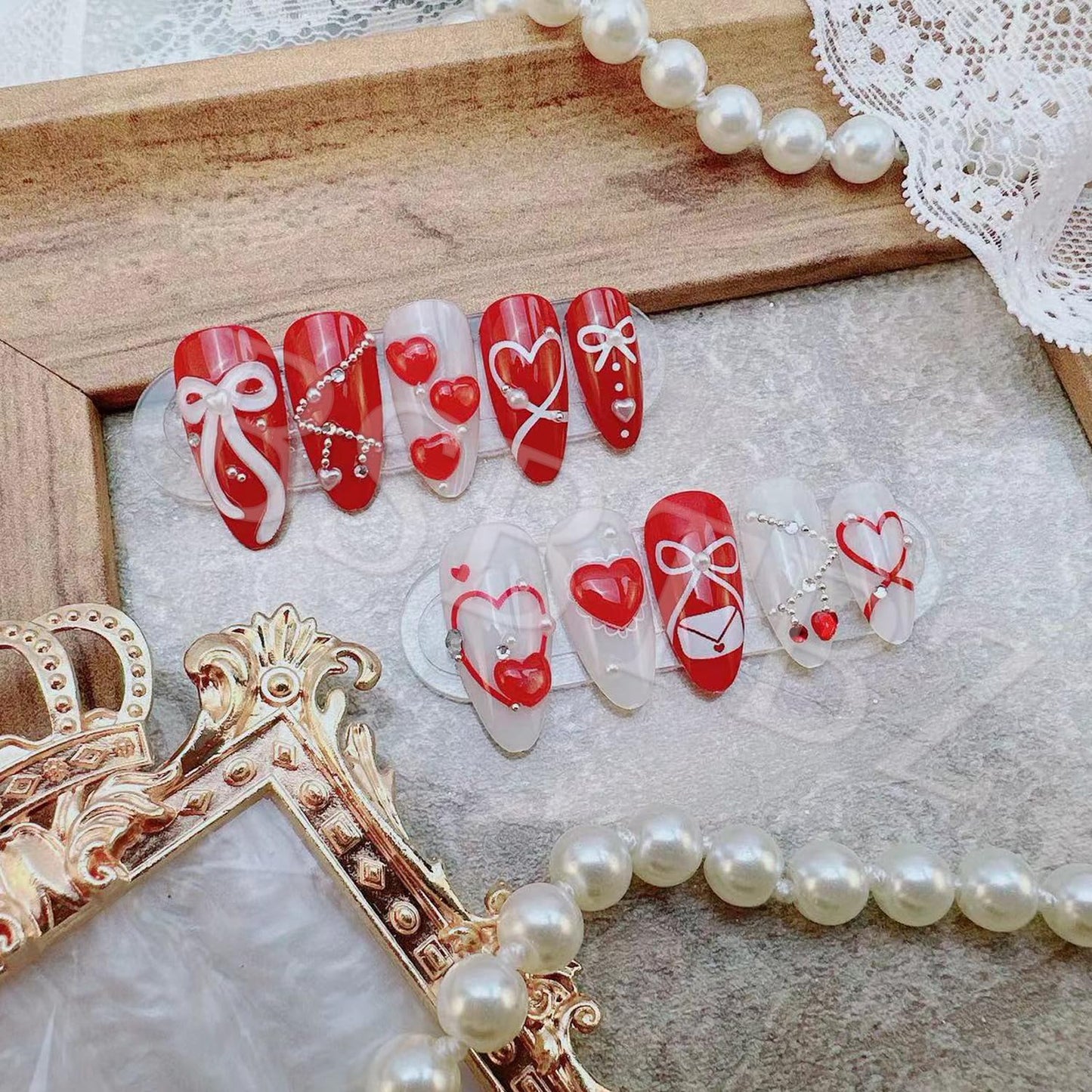 Valentine's Press On Nails Set Medium Almond Fake Nails 3D Love, Bow, Pearl & Gem Beads Rhinestones Design French False Nails