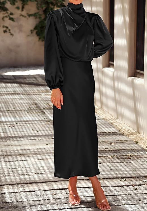 Womens Mock Neck Satin Dress Spring Summer 2026 Long Sleeve Lightweight Formal Wedding Party Maxi Cocktail Dresses
