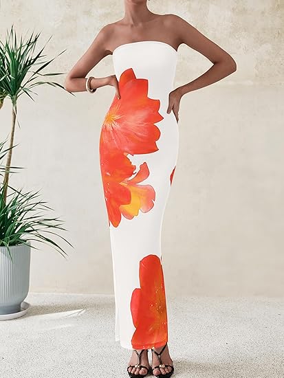 Strapless Floral Bodycon Maxi Dress for Women