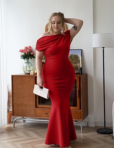 Beautiful woman in a red Women's Elegant Dress off shoulder bodycon evening gown standing in a stylish room.