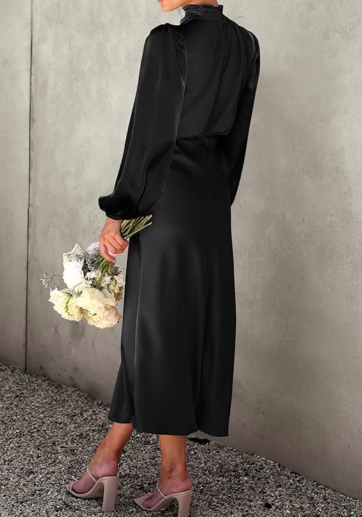 Womens Mock Neck Satin Dress Spring Summer 2026 Long Sleeve Lightweight Formal Wedding Party Maxi Cocktail Dresses