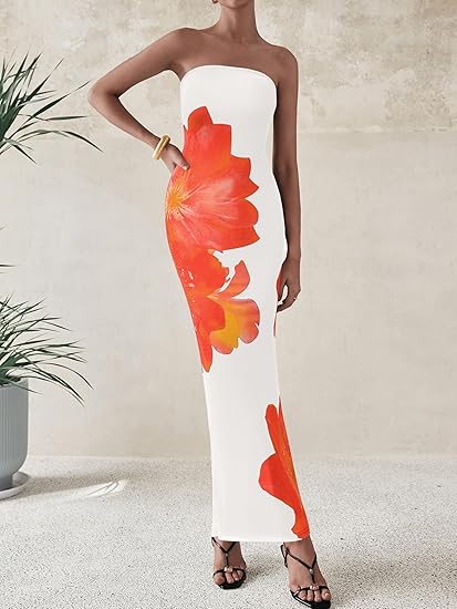 Women Summer Strapless Maxi Dress Bodycon Floral Sexy Long Wedding Guest Dress