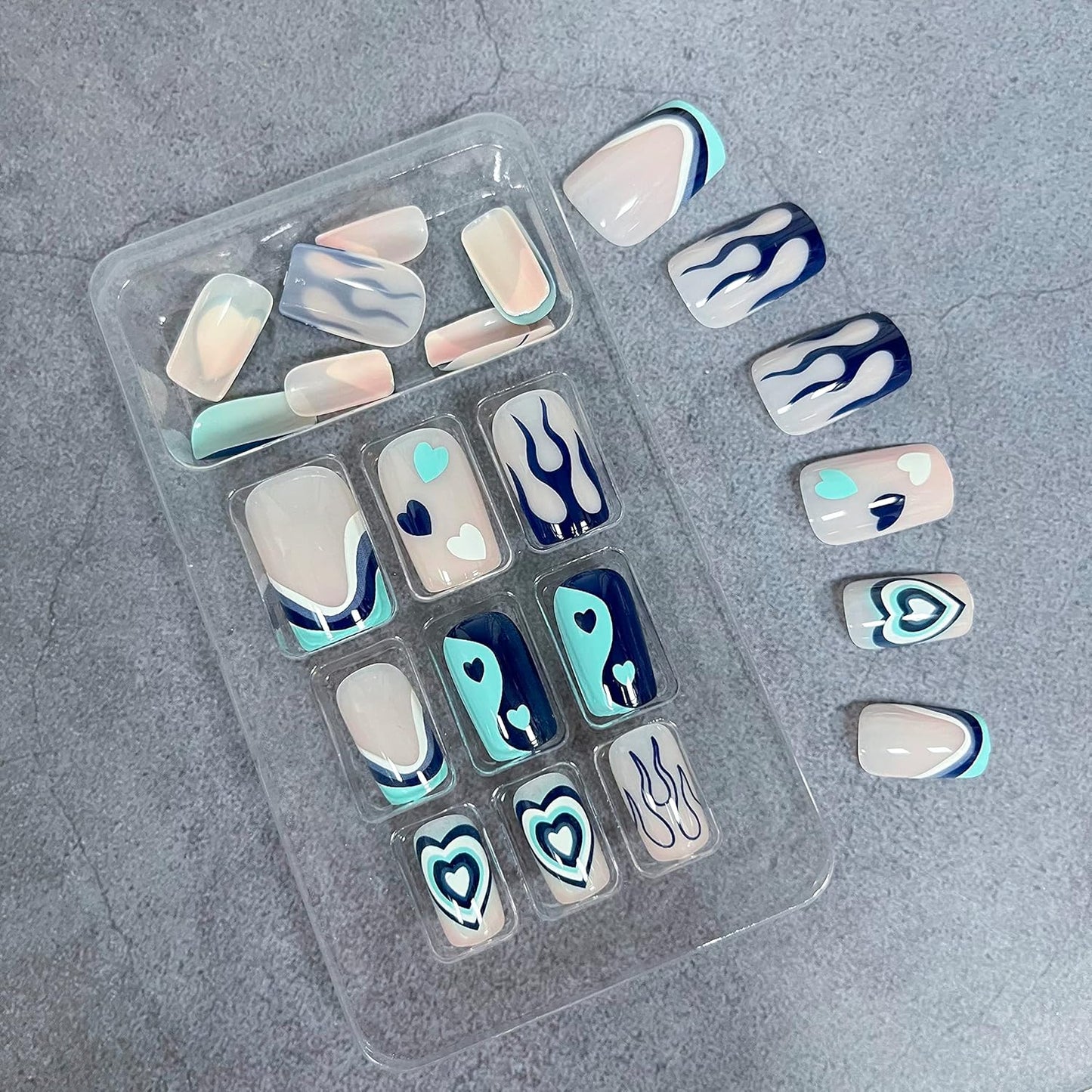 Heart Press on Nails Short Square Valentines Fake Petite Red Stick on Full Cover False With Red White Heart Designs Acrylic Glossy