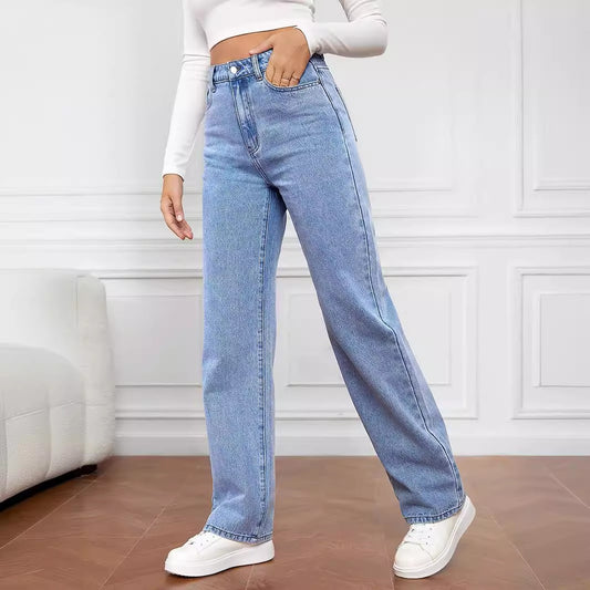 Mid Waist Jeans For Women Washed Fashion Straight Jeans.