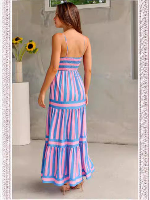 Printed Summer Dress Suspender Long Dress With Pockets