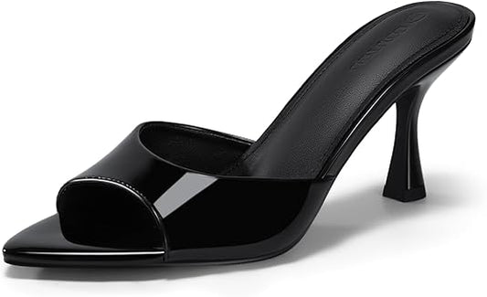 Black Mule Sandals Mules Pointed Peep Toe High Heels.