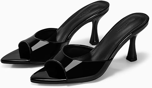 Black Mule Sandals Mules Pointed Peep Toe High Heels.