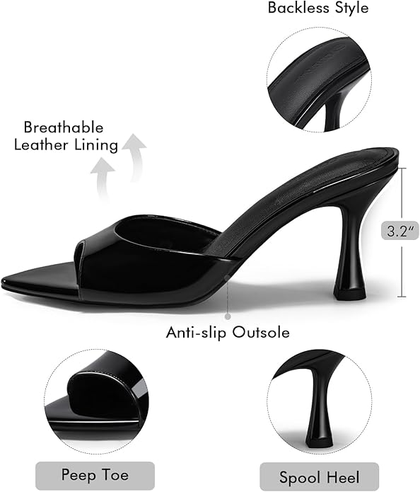 Black Mule Sandals Mules Pointed Peep Toe High Heels.